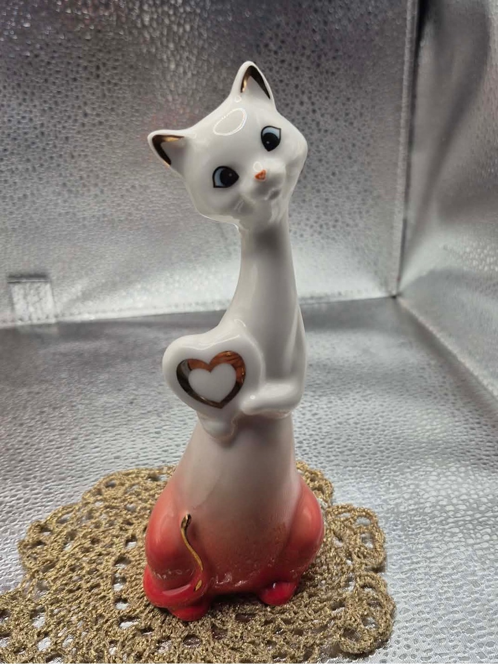 RARE MCM Long Neck Cat Vintage Figurine - Pink White Ombré with Heart for Love